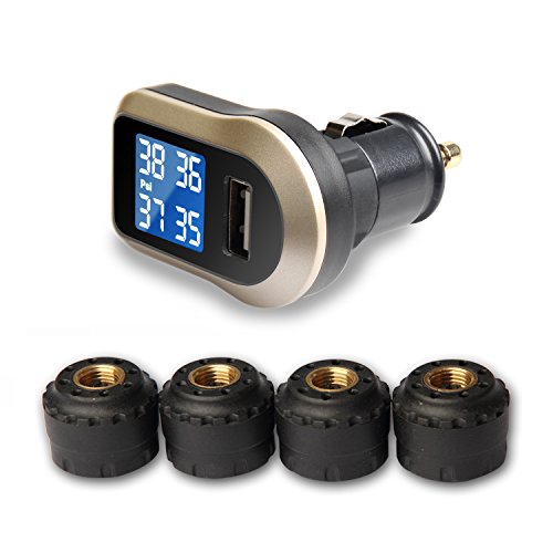 VESAFE Wireless Tire Pressure Monitoring System, Universal TPMS with Real-Time LCD Display, 5 Alarm Modes, 4 Advanced Waterproof Sensors, 2-Year Battery Life, Cigarette Lighter Plug, 0-6Bar/ 0-87PSI