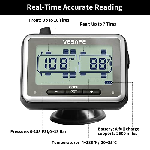 VESAFE TPMS, Wireless Tire Pressure Monitoring System for RV, Trailer, Coach, Motor Home, Fifth Wheel, Including a Signal Booster and 6 Anti-Theft sensors.
