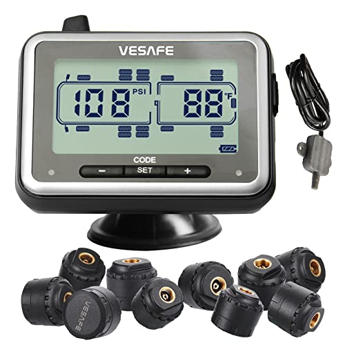 VESAFE TPMS, Wireless Tire Pressure Monitoring System for RV, Trailer, Coach, Motor Home, Fifth Wheel, Including a Signal Booster and 10 Anti-Theft sensors.