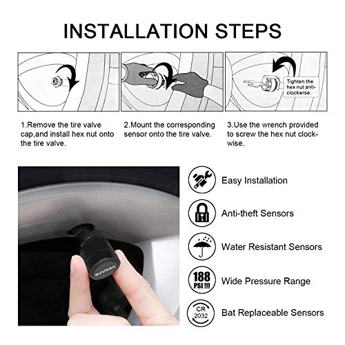 VESAFE TPMS, Wireless Tire Pressure Monitoring System for RV, Trailer, Coach, Motor Home, Fifth Wheel, Including a Signal Booster and 4 Anti-Theft sensors.