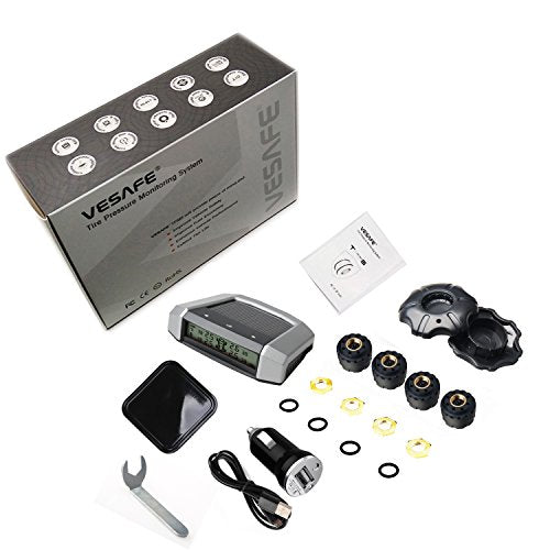 VESAFE Universal Solar TPMS, Wireless Tire Pressure Monitoring System with 4 DIY External Cap Sensors(0-6Bar/0-87Psi), Real-time Display 4 Tires' Pressure and Temperautre. (Gray Display)