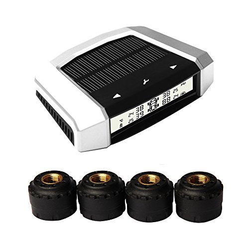 VESAFE Universal Solar TPMS, Wireless Tire Pressure Monitoring System with 4 DIY External Cap Sensors(0-6Bar/0-87Psi), Real-time Display 4 Tires' Pressure and Temperautre. (Gray Display)