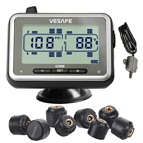 VESAFE TPMS, Wireless Tire Pressure Monitoring System for RV, Trailer, Coach, Motor Home, Fifth Wheel, Including a Signal Booster and 8 Anti-Theft sensors.