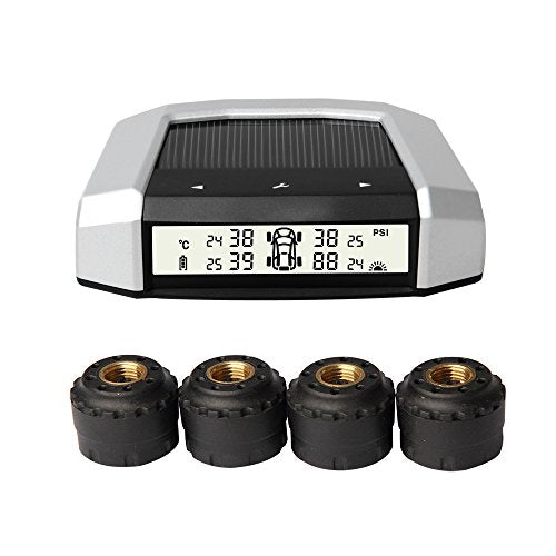 VESAFE Universal Solar TPMS, Wireless Tire Pressure Monitoring System with 4 DIY External Cap Sensors(0-6Bar/0-87Psi), Real-time Display 4 Tires' Pressure and Temperautre. (Gray Display)